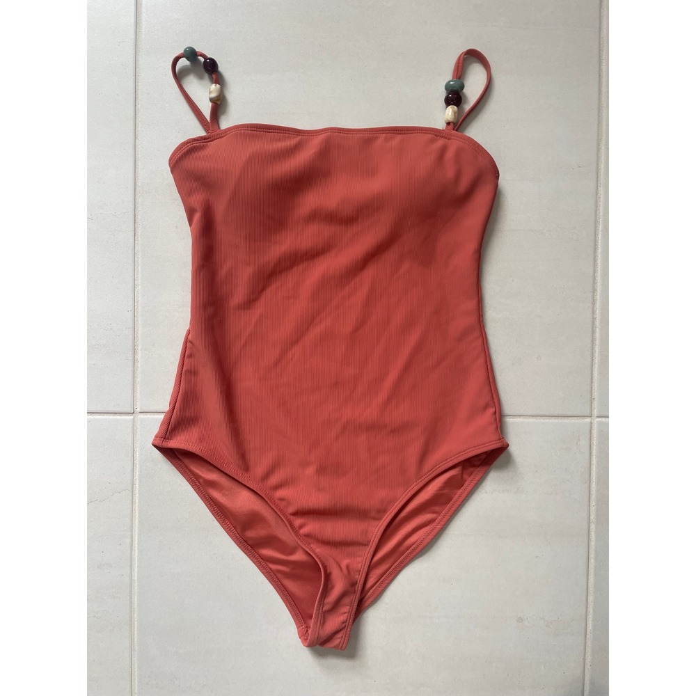 WILO The Label One Piece Swimsuit Womens S Ribbed Beaded Straps Summer Beach